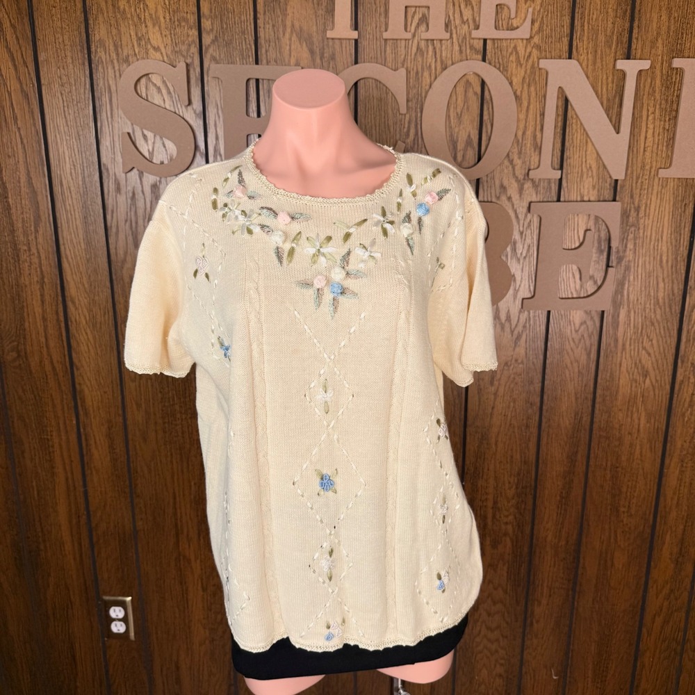Vintage Floral Embroidered Knit Sweater Women XL Yellow Grandma Cottage Coquette